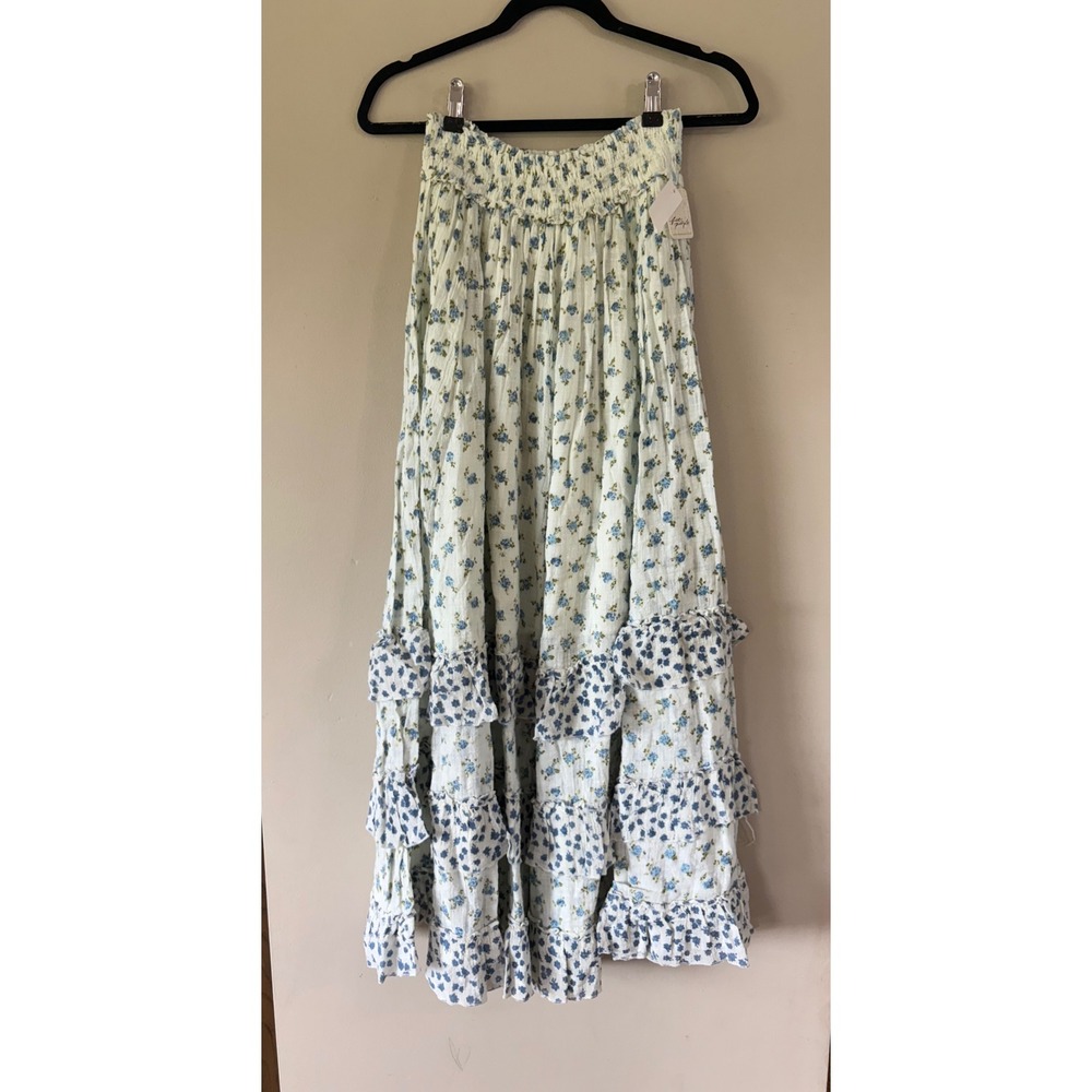 Free People FP One Ivory Combo Ditsy Floral Tiered Ruffle Maxi Skirt Medium New